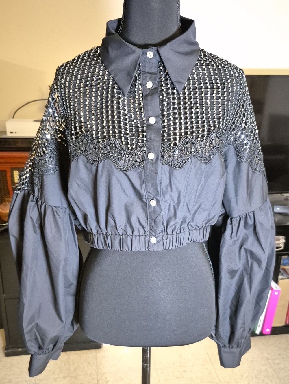 Black Embellished Cropped Button-Down Shirt with Balloon Sleeves (Never Worn)